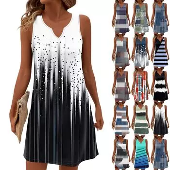 Женские летние платья с V-образным вырезом и принтом без рукавов Сарафан Повседневное платье L армия зеленый