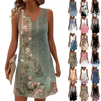 Женские летние платья с V-образным вырезом и принтом без рукавов Сарафан Повседневное платье L армия зеленый