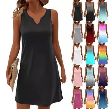 Женские летние платья с V-образным вырезом и принтом без рукавов Сарафан Повседневное платье L чёрный