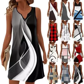 Женские летние платья с V-образным вырезом и принтом без рукавов Сарафан Повседневное платье L чёрный