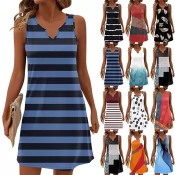 Женские летние платья с V-образным вырезом и принтом без рукавов Сарафан Повседневное платье XXL