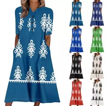 Женские летние платья с V-образным вырезом и цветочным принтом, миди-платье, повседневные платья с коротким рукавом, модные струящиеся сарафаны для отпуска S зелёный