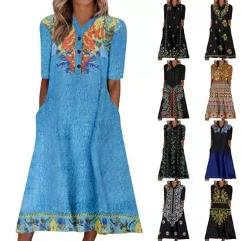 Женские летние платья с V-образным вырезом и цветочным принтом, миди-платье, повседневные платья с коротким рукавом, модные струящиеся сарафаны для отпуска XL синий