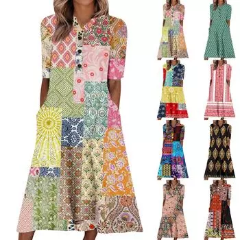 Женские летние платья с V-образным вырезом и цветочным принтом, миди-платье, повседневные платья с коротким рукавом, модные струящиеся сарафаны для отпуска M синий