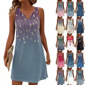 Женские летние платья с V-образным вырезом и принтом без рукавов Сарафан Повседневное платье L чёрный