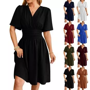 Женские летние платья с V-образным вырезом, приталенными короткими точками и расклешенными рукавами L армия зеленый