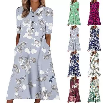 Женские летние платья с V-образным вырезом и цветочным принтом, миди-платье, повседневные платья с коротким рукавом, модные струящиеся сарафаны для отпуска L