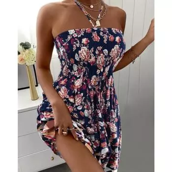 Женские летние платья с воротником на шее, отпускное платье миди без бретелек в стиле бохо с цветочным принтом L