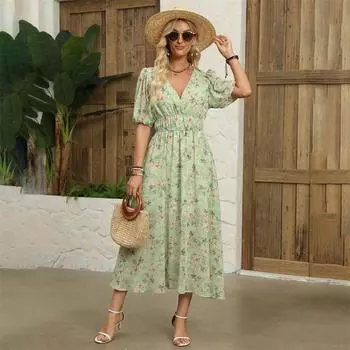Женские летние платья с высокой талией и V-образным вырезом с короткими рукавами и цветочным принтом M