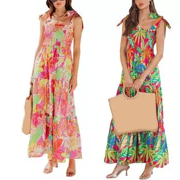 Женские летние платья. Струящееся макси-платье без рукавов с завязками на плечах. Бохо-платья. Пляжные сарафаны с цветочным принтом. L зелёный