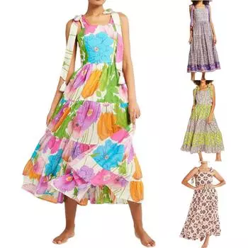 Женские летние платья. Струящееся макси-платье без рукавов с завязками на плечах. Бохо-платья. Пляжные сарафаны с цветочным принтом. L зелёный