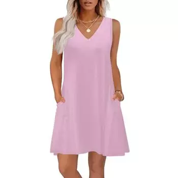 Женские летние платья свободного кроя, однотонные, с V-образным вырезом, без рукавов, сарафаны, пляжное гавайское платье с карманами S розовый