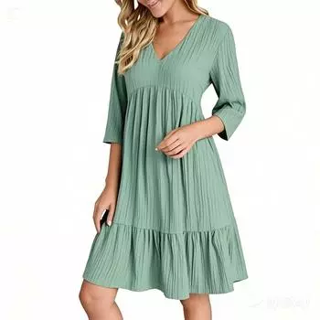 Женские летние платья свободного кроя с V-образным вырезом и карманами M бежевый