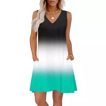 Женские летние платья свободного кроя с принтом V-образным вырезом без рукавов сарафаны пляжное гавайское платье с карманами S циан