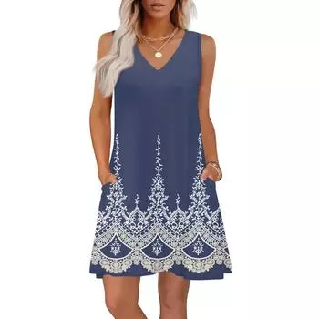 Женские летние платья свободного кроя с принтом V-образным вырезом без рукавов сарафаны пляжное гавайское платье с карманами XXL тёмно-синий