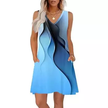 Женские летние платья свободного кроя с принтом V-образным вырезом без рукавов сарафаны пляжное гавайское платье с карманами XL синий