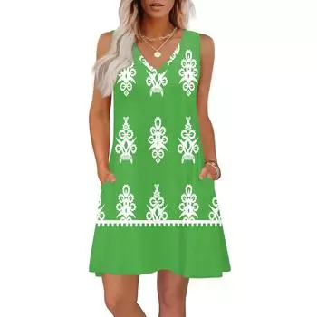 Женские летние платья свободного кроя с принтом V-образным вырезом без рукавов сарафаны пляжное гавайское платье с карманами XXL зелёный