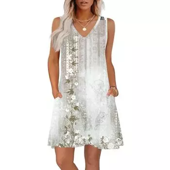 Женские летние платья свободного кроя с принтом V-образным вырезом без рукавов сарафаны пляжное гавайское платье с карманами L