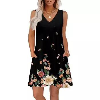 Женские летние платья свободного кроя с принтом V-образным вырезом без рукавов сарафаны пляжное гавайское платье с карманами XXL чёрный