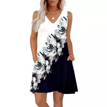 Женские летние платья свободного кроя с принтом V-образным вырезом без рукавов сарафаны пляжное гавайское платье с карманами S чёрный