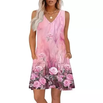 Женские летние платья свободного кроя с принтом V-образным вырезом без рукавов сарафаны пляжное гавайское платье с карманами L