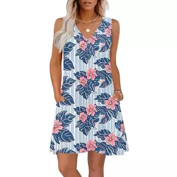Женские летние платья свободного кроя с принтом V-образным вырезом без рукавов сарафаны пляжное гавайское платье с карманами XXL синий