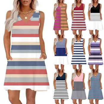 Женские летние платья свободного кроя с принтом V-образным вырезом без рукавов сарафаны пляжное гавайское платье с карманами L чёрный