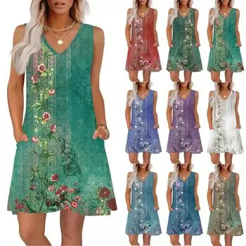 Женские летние платья свободного кроя с принтом V-образным вырезом без рукавов сарафаны пляжное гавайское платье с карманами L армия зеленый