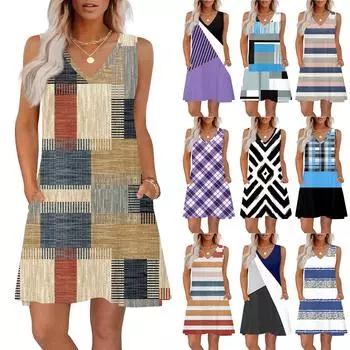 Женские летние платья свободного кроя с принтом V-образным вырезом без рукавов сарафаны пляжное гавайское платье с карманами L чёрный