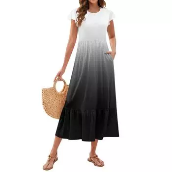 Женские летние платья Свободные с круглым вырезом Без рукавов Сарафаны Платье с карманами M чёрный