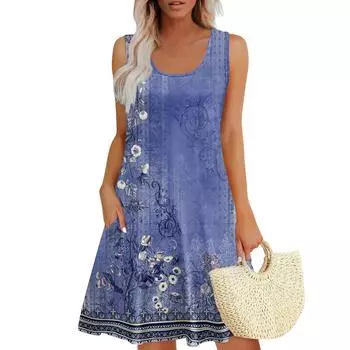 Женские летние платья, свободные сарафаны без рукавов с U-образным вырезом и карманами L синий