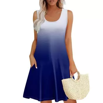 Женские летние платья, свободные сарафаны без рукавов с U-образным вырезом и карманами L синий