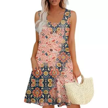 Женские летние платья, свободные сарафаны без рукавов с U-образным вырезом и карманами L темно-зеленого