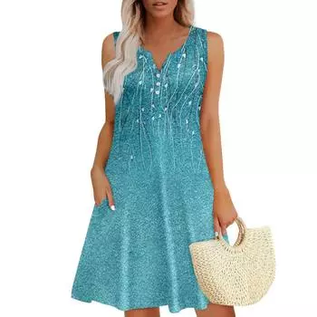 Женские летние платья Свободные сарафаны без рукавов с V-образным вырезом Платье с карманами L синий