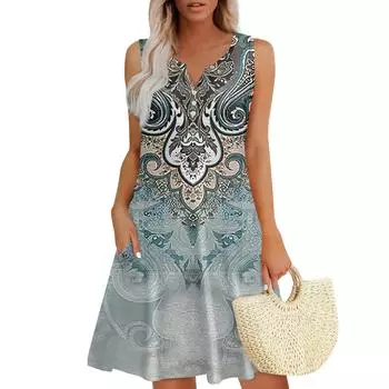 Женские летние платья Свободные сарафаны без рукавов с V-образным вырезом Платье с карманами L армия зеленый