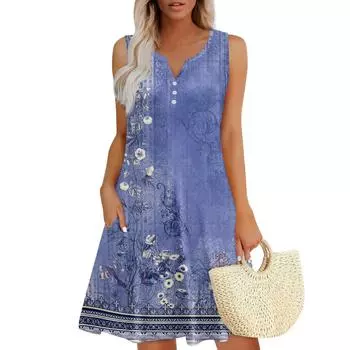 Женские летние платья Свободные сарафаны без рукавов с V-образным вырезом Платье с карманами L синий