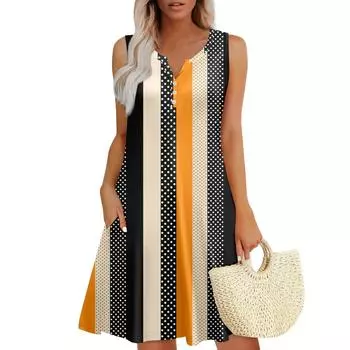 Женские летние платья Свободные сарафаны без рукавов с V-образным вырезом Платье с карманами L чёрный