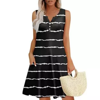 Женские летние платья Свободные сарафаны без рукавов с V-образным вырезом Платье с карманами L чёрный