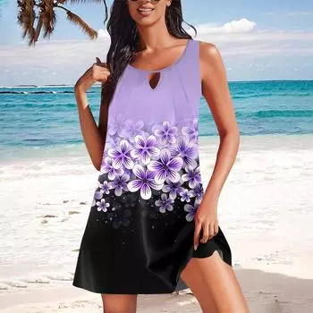 Женские летние платья, свободные сарафаны без рукавов с U-образным вырезом и карманами L фиолетовый