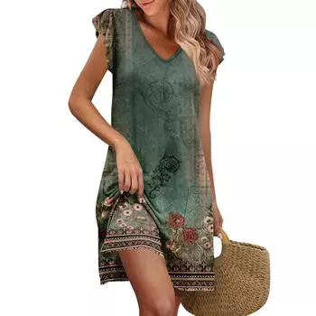 Женские летние платья Свободные сарафаны без рукавов с V-образным вырезом Платье с карманами M зелёный