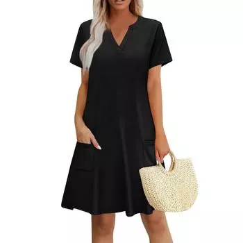 Женские летние платья Свободные сарафаны без рукавов с V-образным вырезом Платье с карманами S чёрный