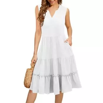 Женские летние платья Свободные сарафаны без рукавов с V-образным вырезом Платье с карманами M белый