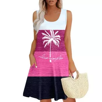 Женские летние платья, свободные сарафаны без рукавов с U-образным вырезом и карманами M
