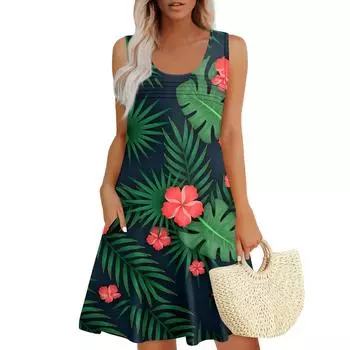 Женские летние платья, свободные сарафаны без рукавов с U-образным вырезом и карманами S