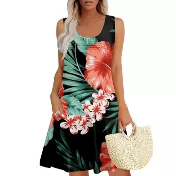 Женские летние платья, свободные сарафаны без рукавов с U-образным вырезом и карманами S чёрный