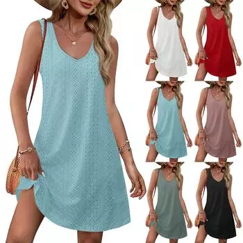 Женские летние платья Свободные сарафаны без рукавов с V-образным вырезом Купальник с карманами и петельками XXL