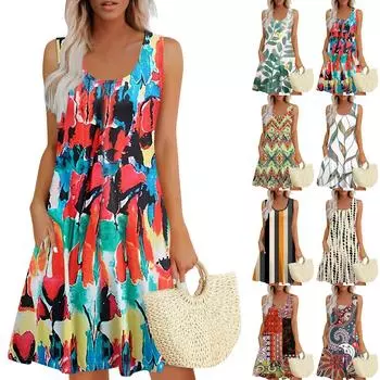 Женские летние платья, свободные сарафаны без рукавов с U-образным вырезом и карманами L зелёный