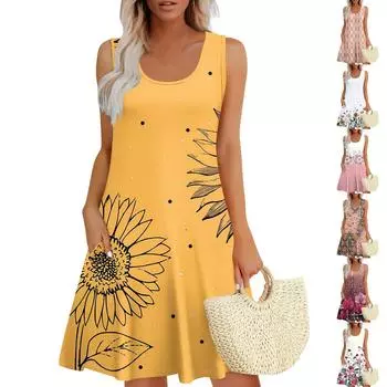 Женские летние платья, свободные сарафаны без рукавов с U-образным вырезом и карманами L темно-зеленого