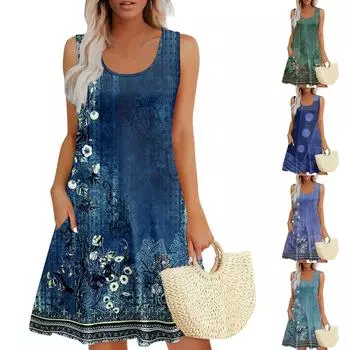 Женские летние платья, свободные сарафаны без рукавов с U-образным вырезом и карманами L синий
