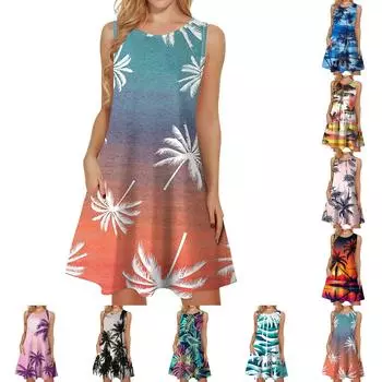 Женские летние платья, свободные сарафаны без рукавов с U-образным вырезом и карманами L красный